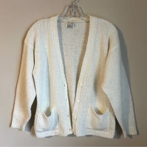 Alicia Vintage Cream V-Neck Button Down Pockets Cardigan Sweater Size Medium